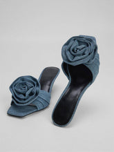 Denim Blue Floral Backless Slip-On Square Kitten Heeled Sandals